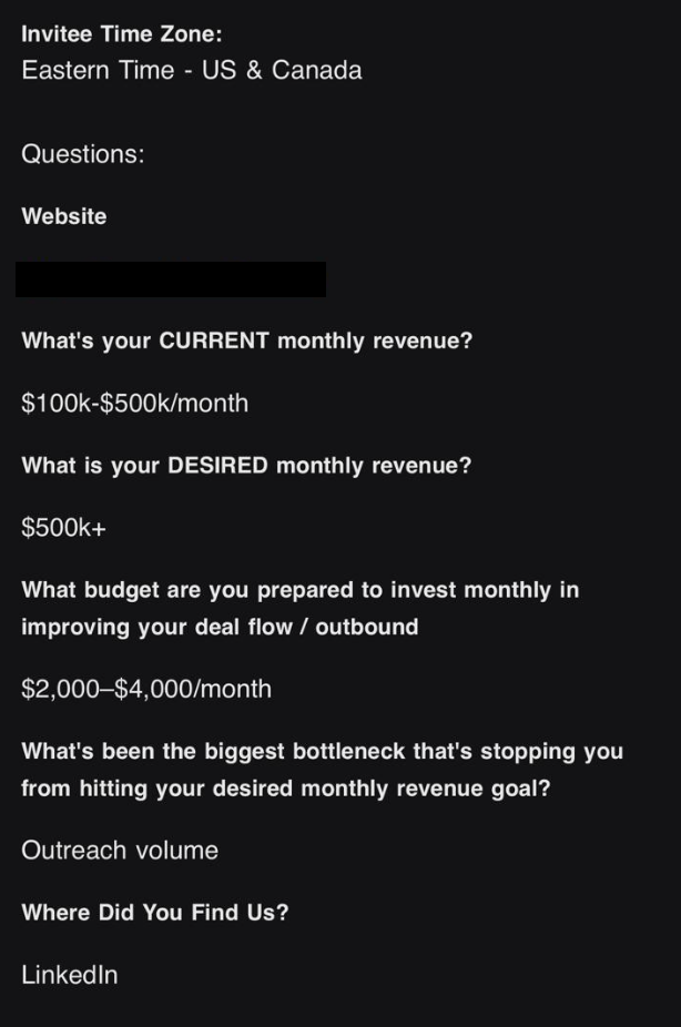Calendly booking form answers: $100k-$500k per month, LinkedIn source
