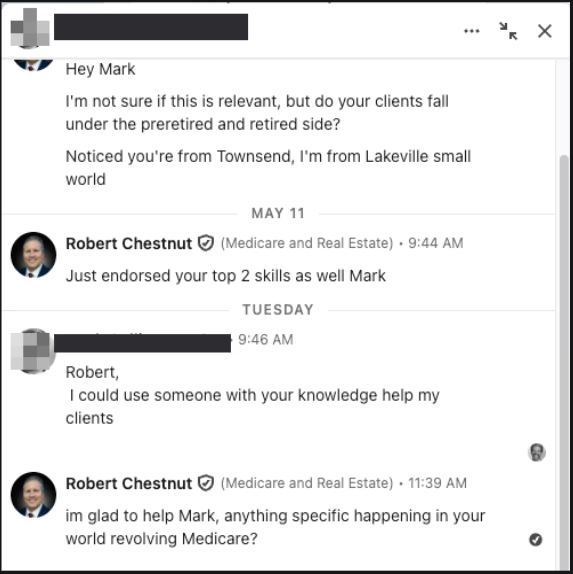 LinkedIn DM: advisor asks for help with clients