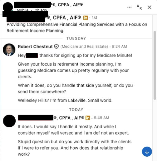 LinkedIn DM: CPFA asks how a referral relationship would work
