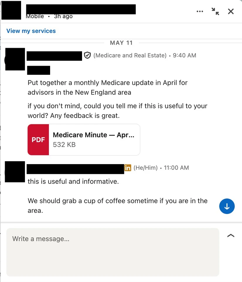 LinkedIn DM: advisor says Medicare Minute is useful, invites coffee