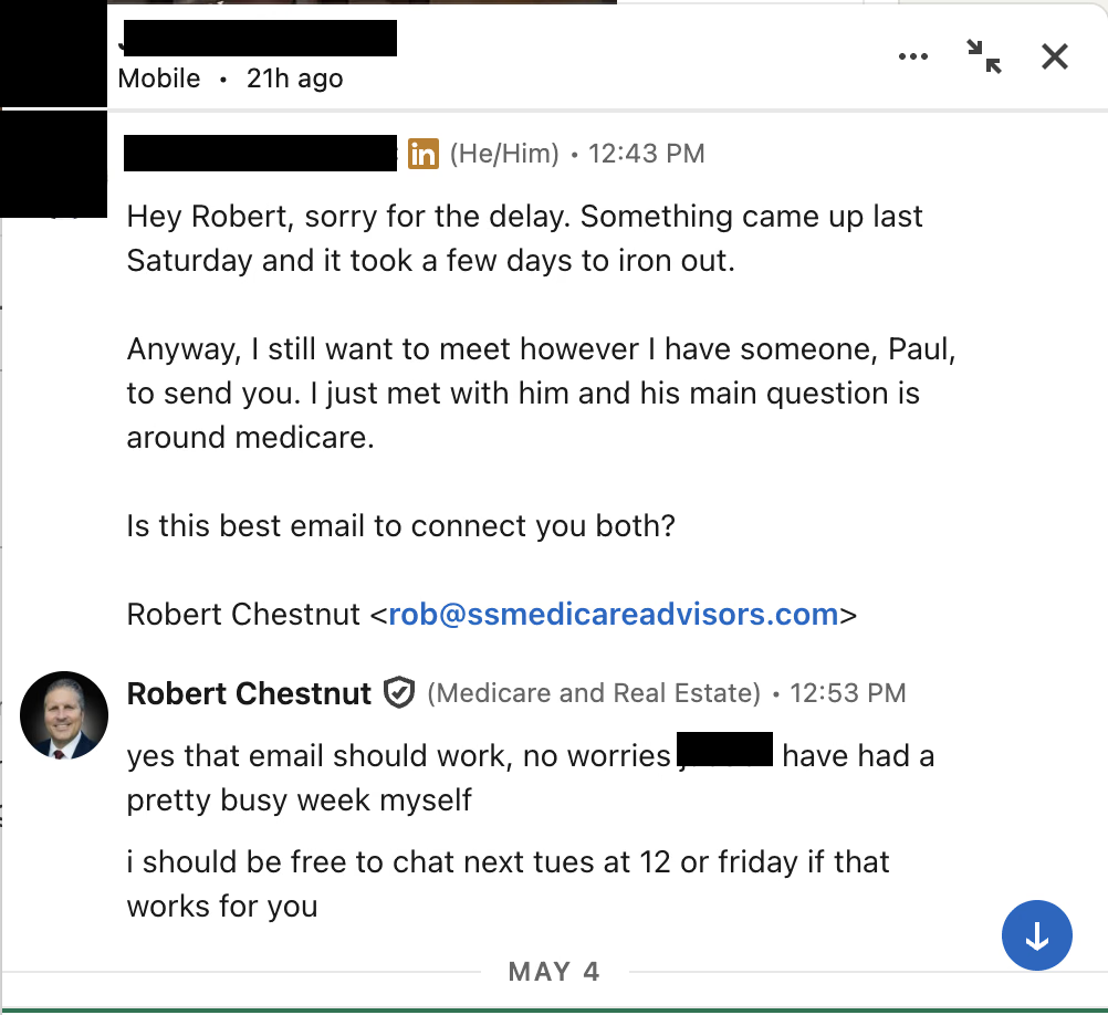 LinkedIn DM: advisor sends a referral