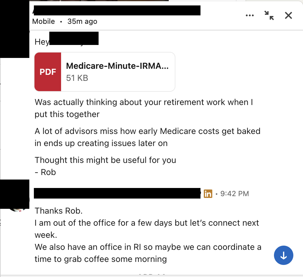 LinkedIn DM: advisor replies to Medicare Minute, offers coffee