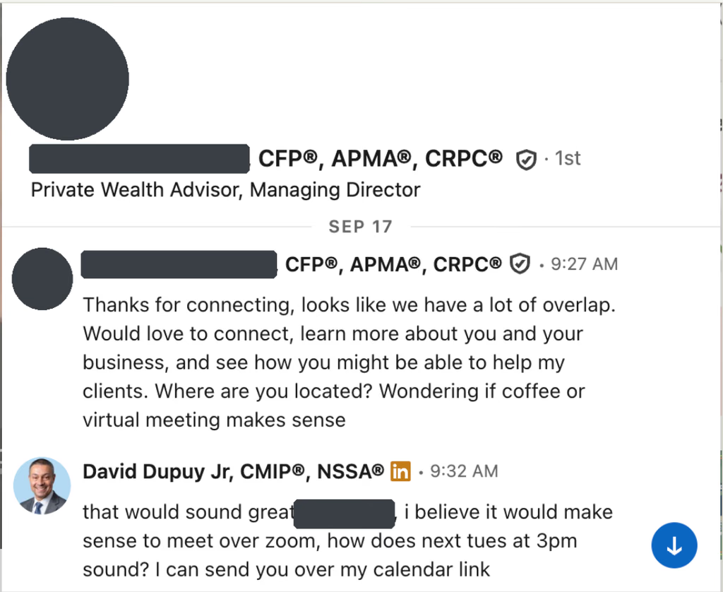 LinkedIn DM: managing director sets up a Zoom