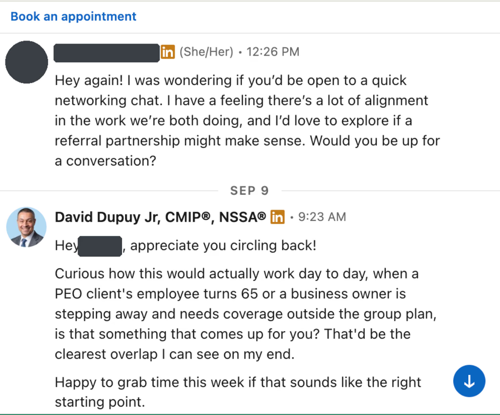 LinkedIn DM: referral partnership conversation