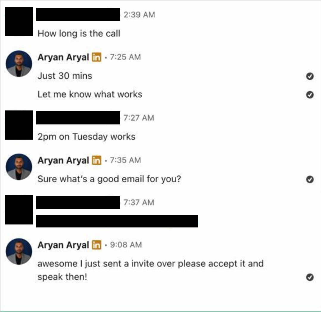 LinkedIn DM: prospect picks a time and shares an email