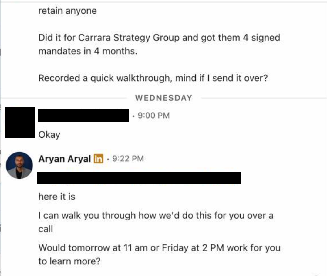 LinkedIn DM: prospect replies and gets a call offered