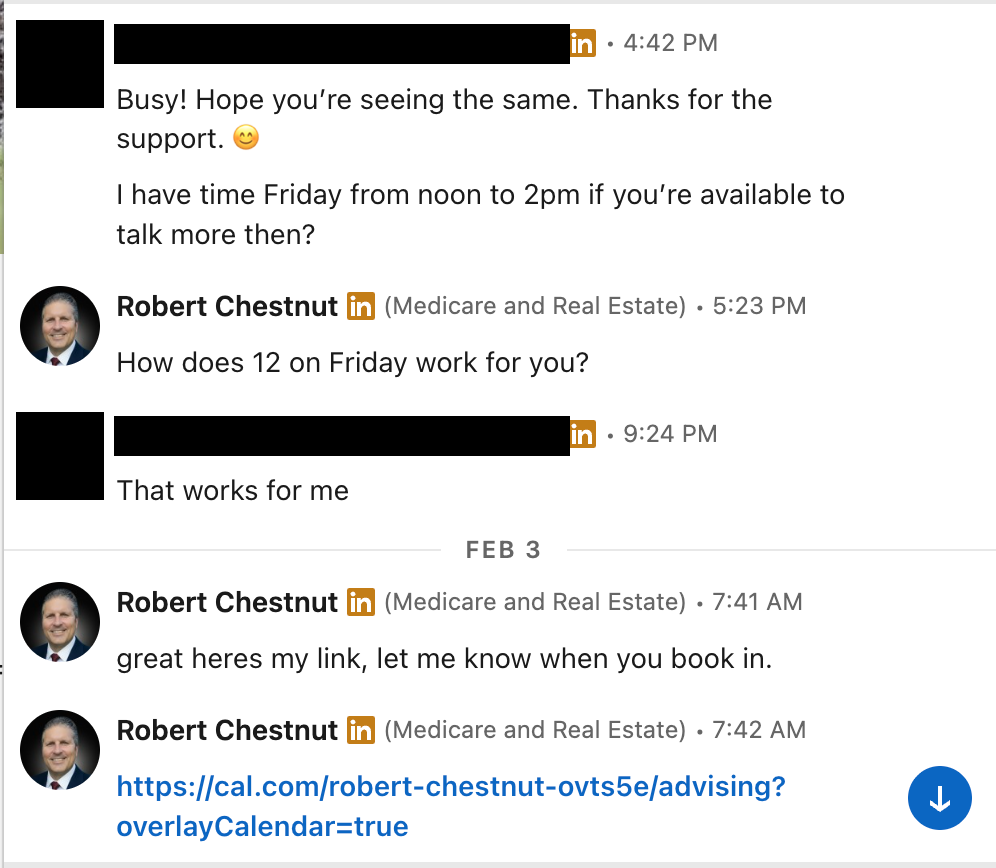 LinkedIn DM: advisor agrees to a call