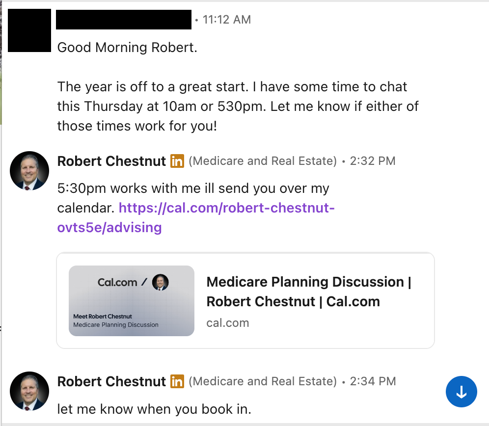 LinkedIn DM: advisor agrees to a call