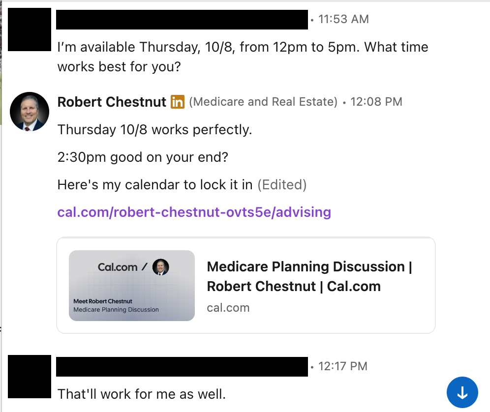LinkedIn DM: advisor agrees to a call