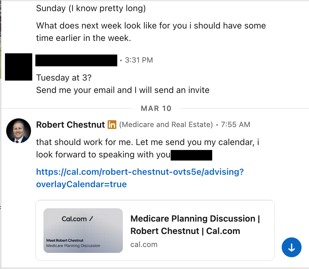 LinkedIn DM: advisor agrees to a call