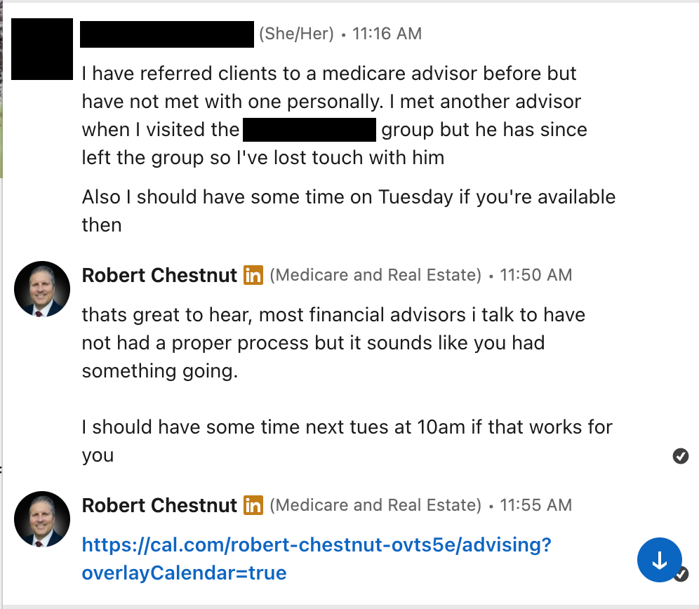 LinkedIn DM: advisor agrees to a call