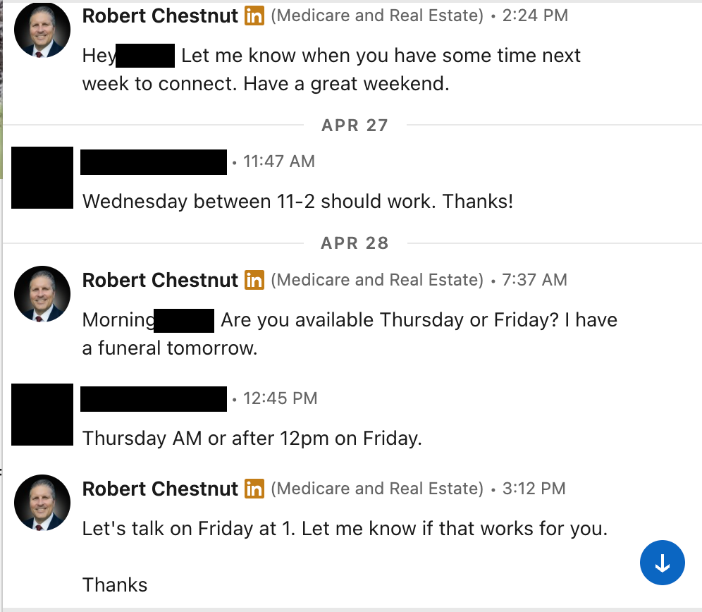 LinkedIn DM: advisor agrees to a call