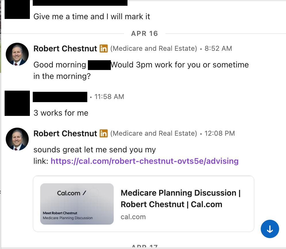 LinkedIn DM: advisor agrees to a call