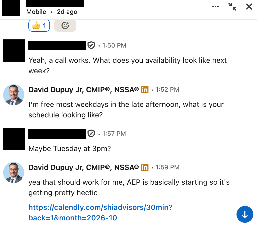 LinkedIn DM: advisor agrees to a call