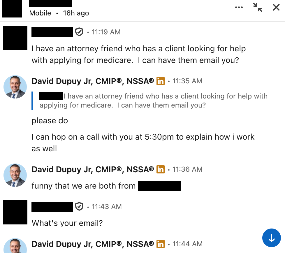 LinkedIn DM: advisor agrees to a call