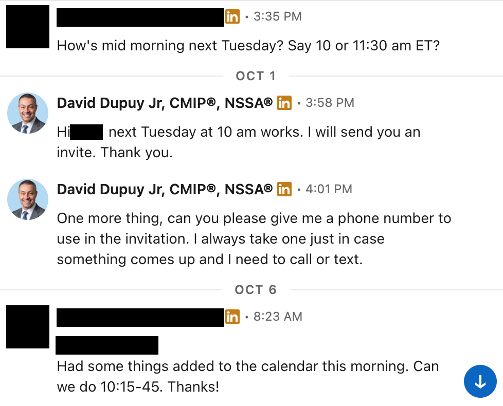 LinkedIn DM: advisor agrees to a call