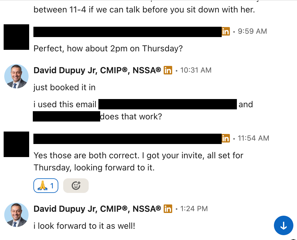 LinkedIn DM: advisor agrees to a call