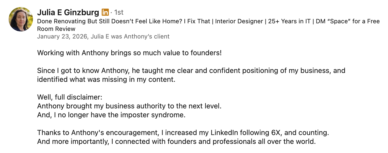 LinkedIn recommendation from Julia Ginzburg: increased her LinkedIn following 6X